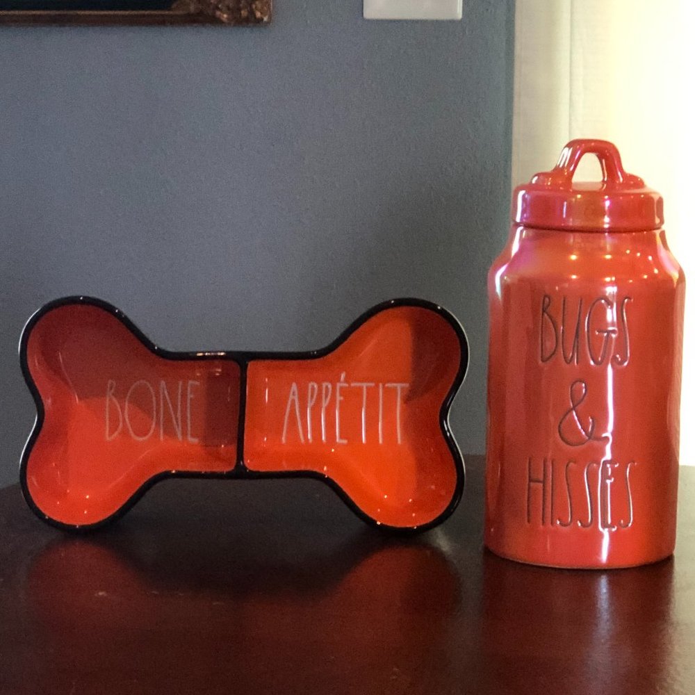 Rae Dunn “Bone Appetit” Pet Bowl, Bus & Hisses Treat container